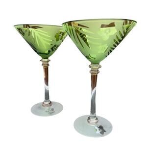 Michael Weems Green Clear Stem Martini Glasses Etched Palm Tiki Hawaii Hibiscus